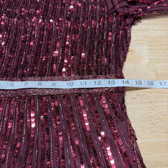 Mac Duggal NWT Red Long Sleeve Ruffle Detail Sequin Midi Dress Size 6 High Neck - Picture 8 of 10